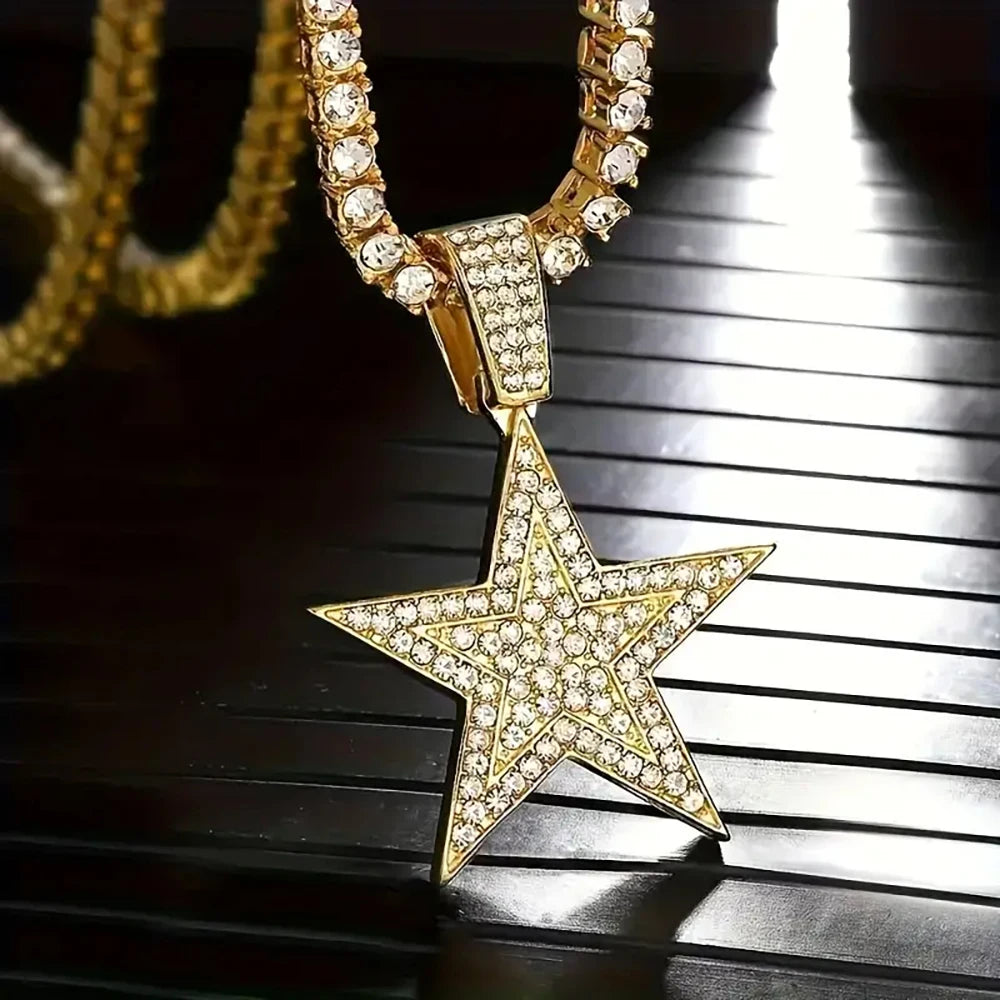 Iced Out Popular Full Rhinestone Star Shape Pendant  - Match with a 20inch Tennis Chain