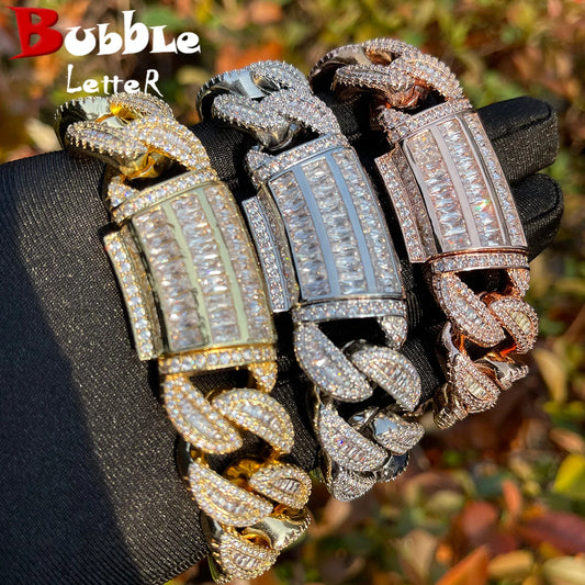 Bubble Letter Baguette Link Bracelet for Men - Iced Out Prong Setting
