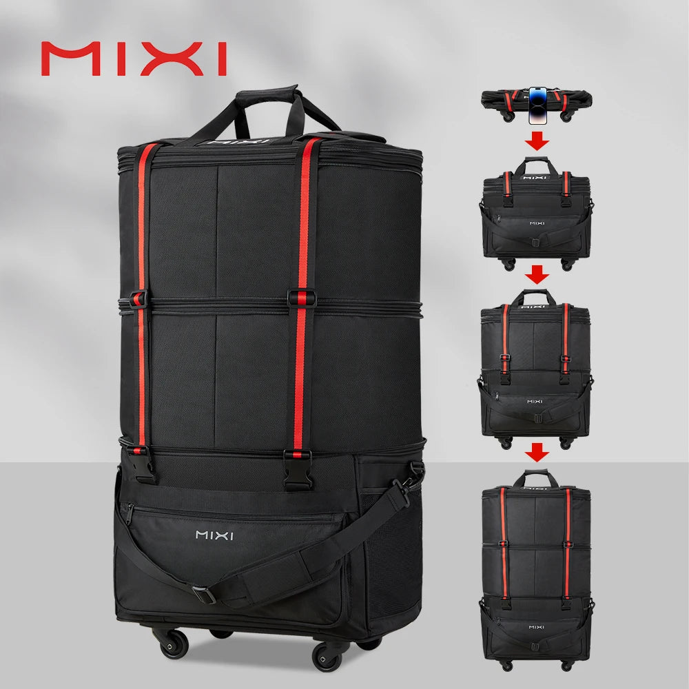 Mixi Foldable Travel Bag  -  Hand Carry Duffel Bag with Wheels - Expandable Rolling Travel Bag - Large Capacity Waterproof Luggage Bag