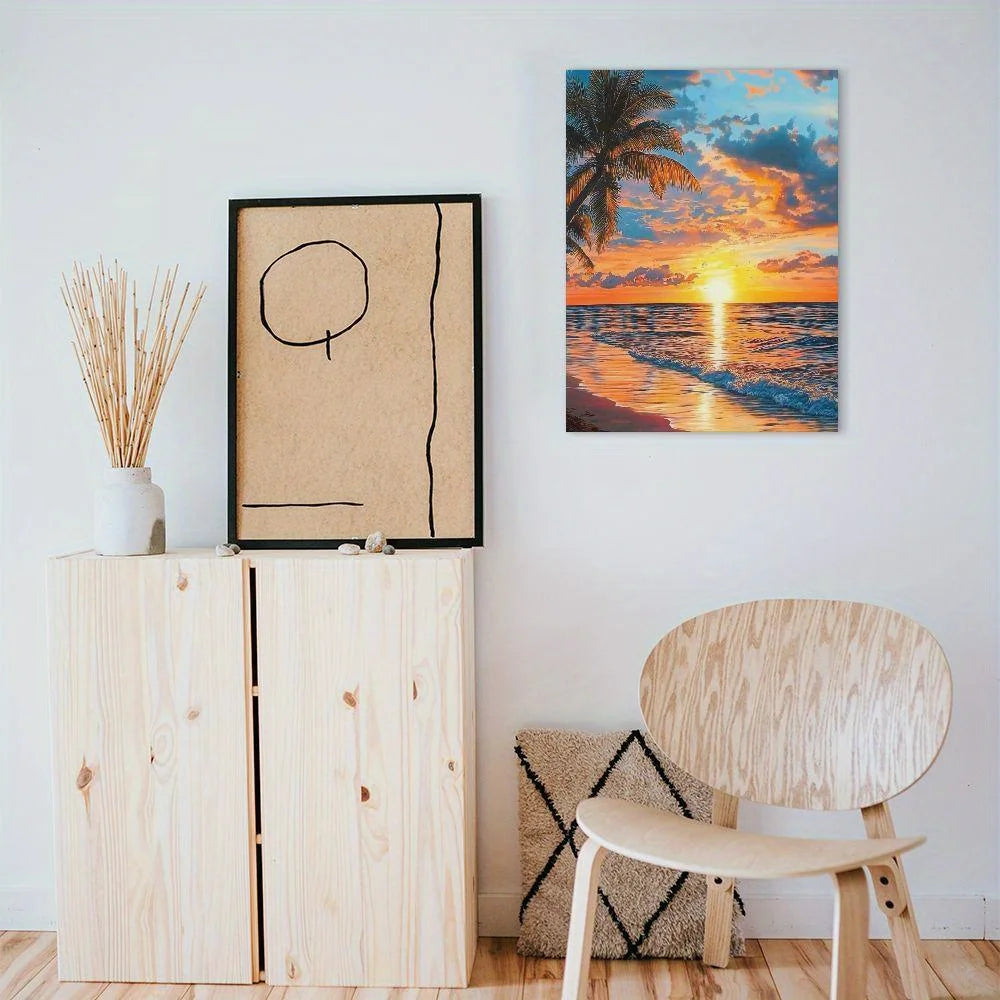 Romantic Coastal Painting with Warm Sunset