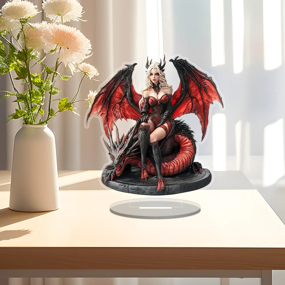 Acrylic Enchantress & Red Dragon Figurine - Halloween Theme Decorative