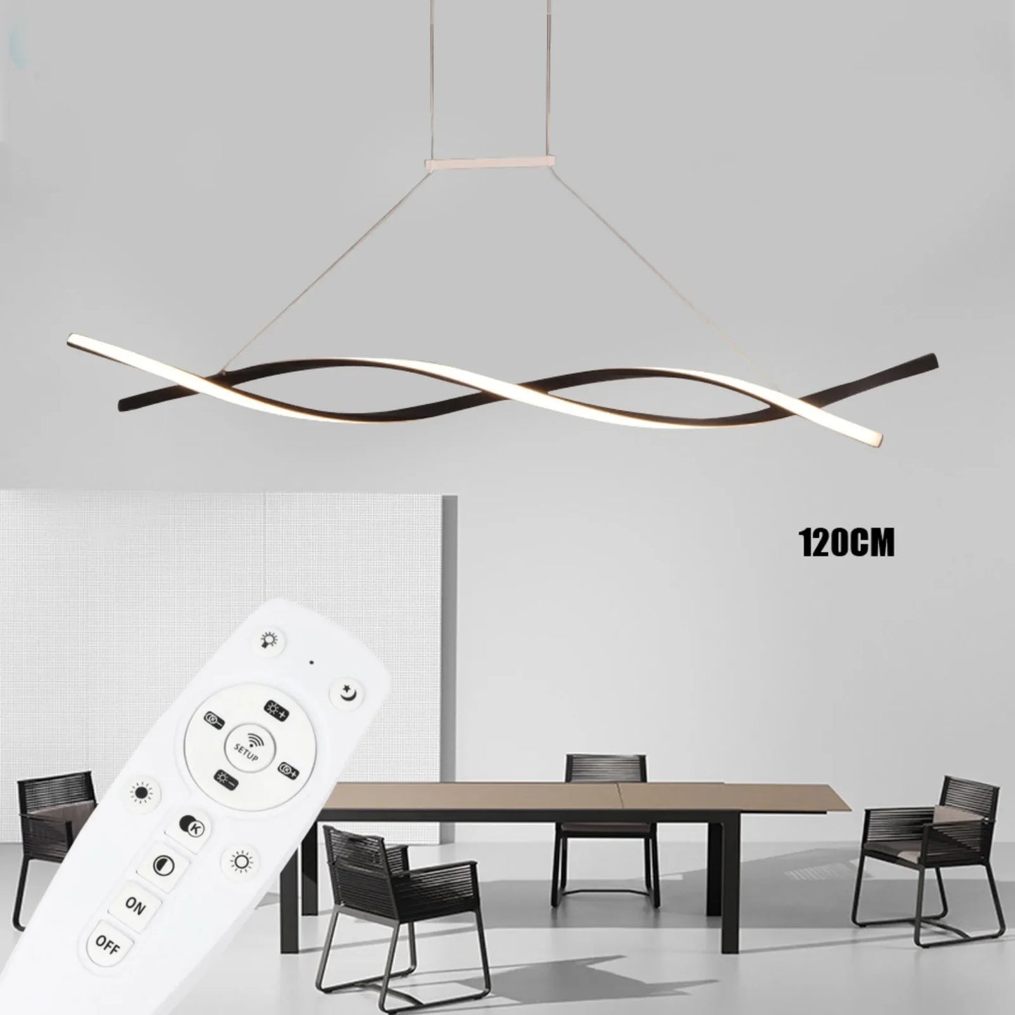 Modern Black Pendant Light for Dining Room, Remote Control Dimmable LED CeilingLight Fixture, 46W 110V Adjustable Height 1.2m