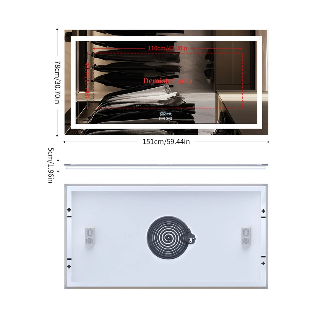 XXL Bathroom Mirror - Smart LED Vanity Mirror Wall Mounted with Bluetooth, Digital Display,