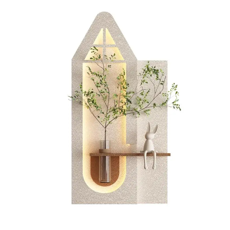 Adjustable 3-Color LED Sandstone Wall Decor with Green Plants - 3D Art Sculpture, Glass Vase & Rabbit Figurine, Remote Control