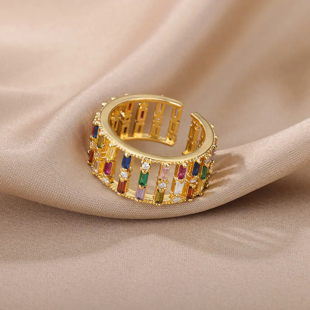 Rainbow Zircon Rings For Women Stainless Steel Gold Color - Geometric Adjustable Ring J