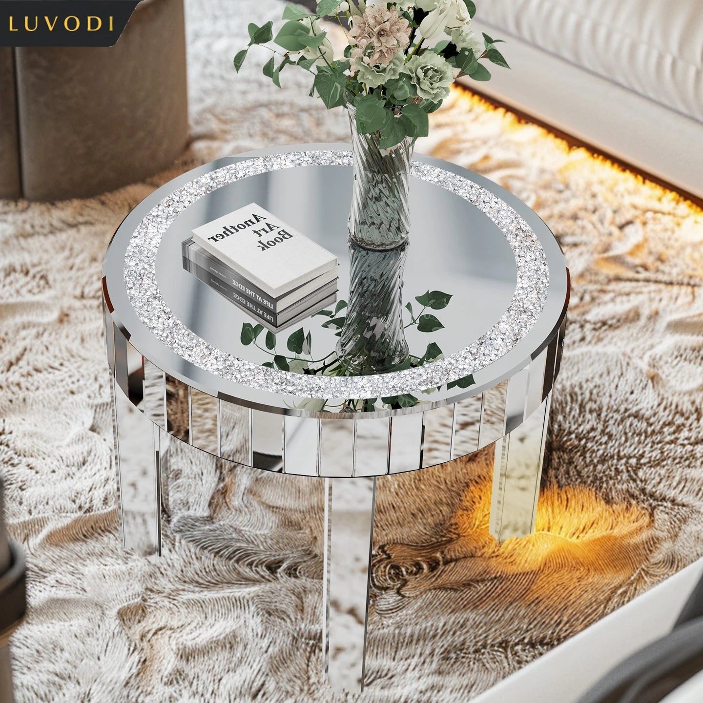 Luxury Modern Round Mirrored Accent Side Table with Crystal Diamonds