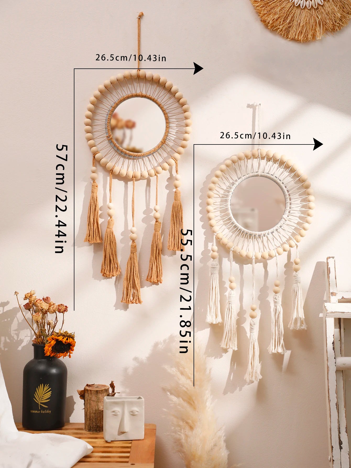 Wall Mirror Macrame Wooden Beads