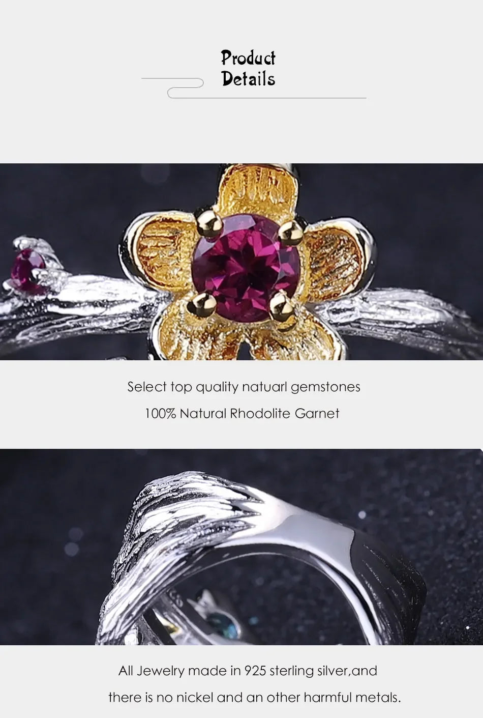 925 Sterling Silver Handmade Ring -  0.96Ct Natural Rhodolite Garnet Plum Blossom Flower Rings