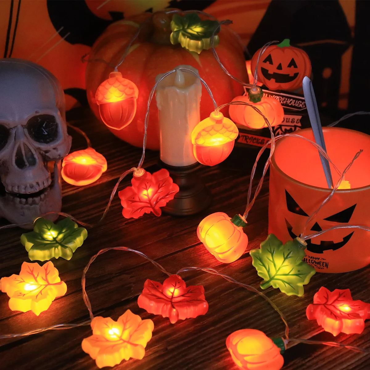 LED Pumpkin Maple Leaf Acorn String Lights， Decoration for Halloween - Thanksgiving - Christmas,