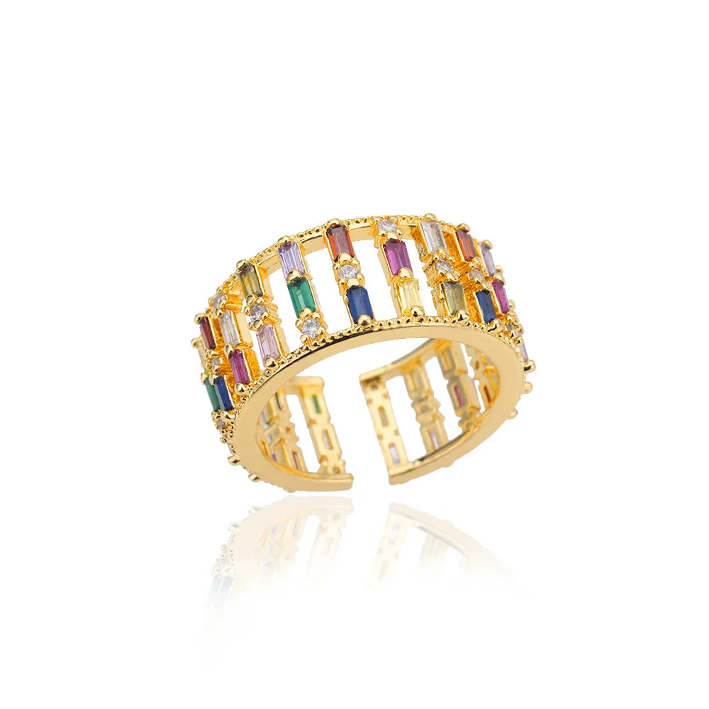 Rainbow Zircon Rings For Women Stainless Steel Gold Color - Geometric Adjustable Ring J