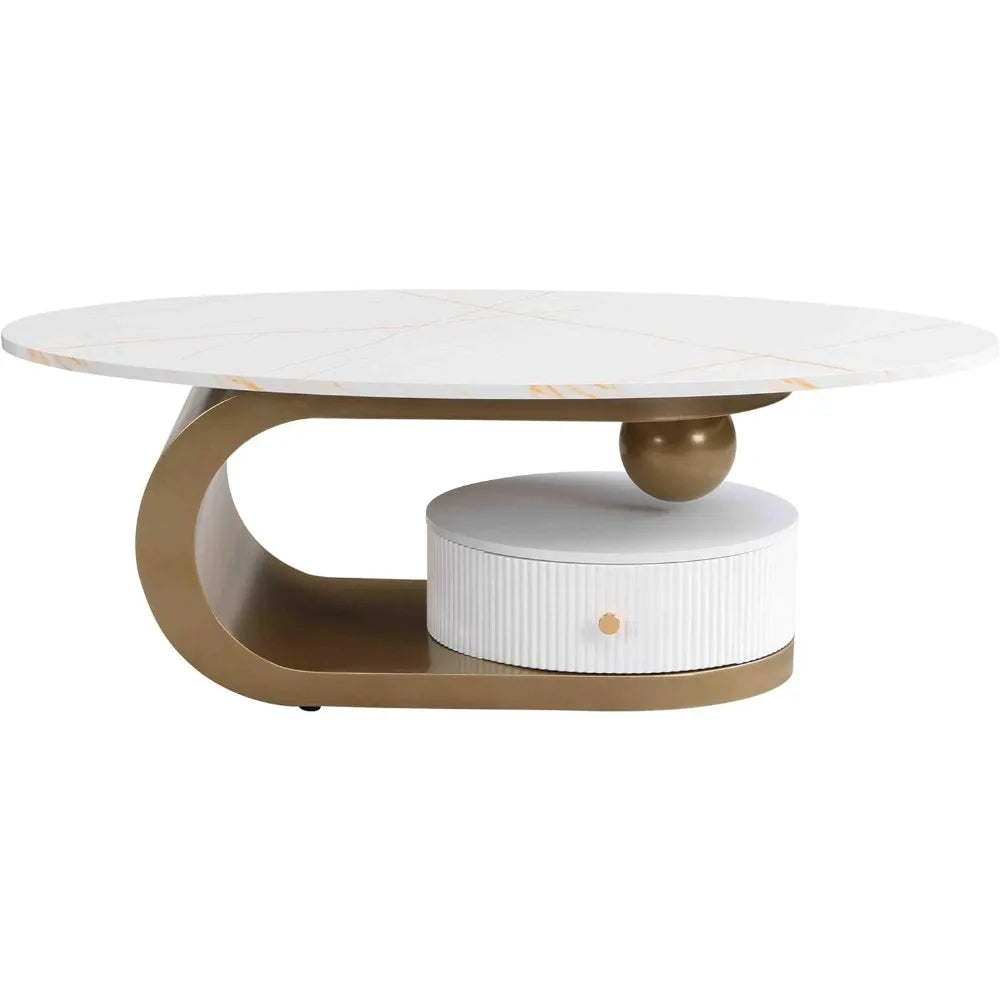 Modern 47.2" Nesting Coffee Table Set of 2, Oval and Round Centre Table Set for Living Room, Faux Marble Coffee Table and Round