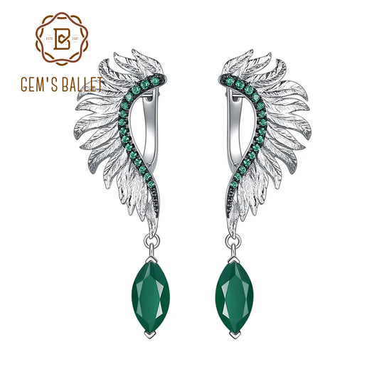 GEM'S BALLET Angel Wings Feather 925 Sterling Silver Earrings -  Natural Green Agate Amethyst