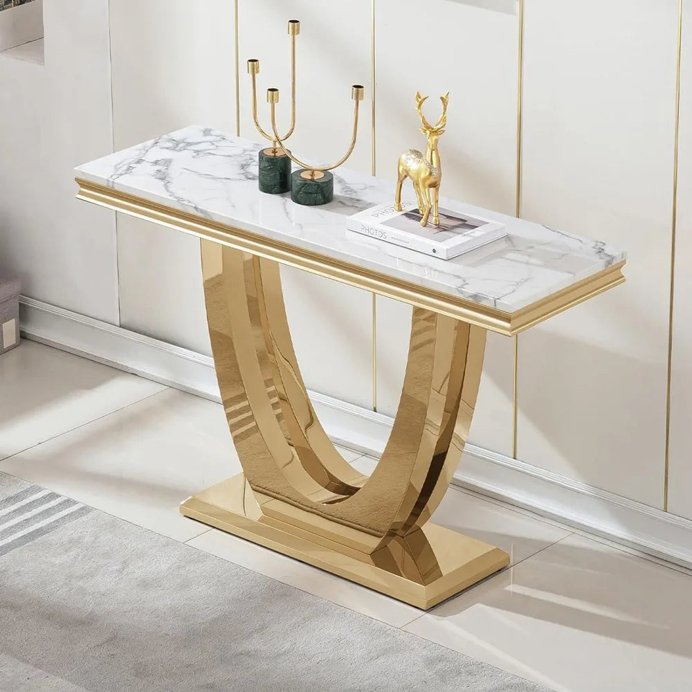 White Marble Console Table with Stainless Steel U-Base