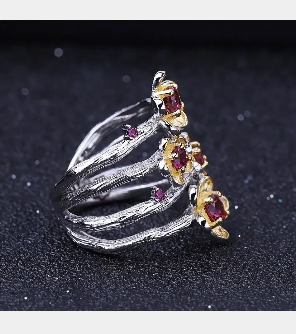 925 Sterling Silver Handmade Ring -  0.96Ct Natural Rhodolite Garnet Plum Blossom Flower Rings