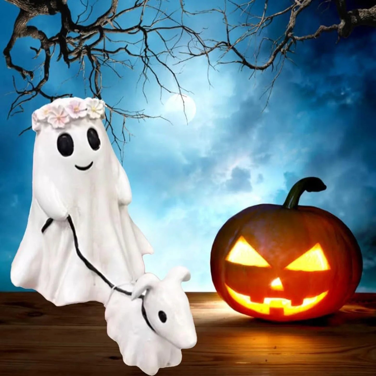 Halloween Ghost Walking Dog Statue