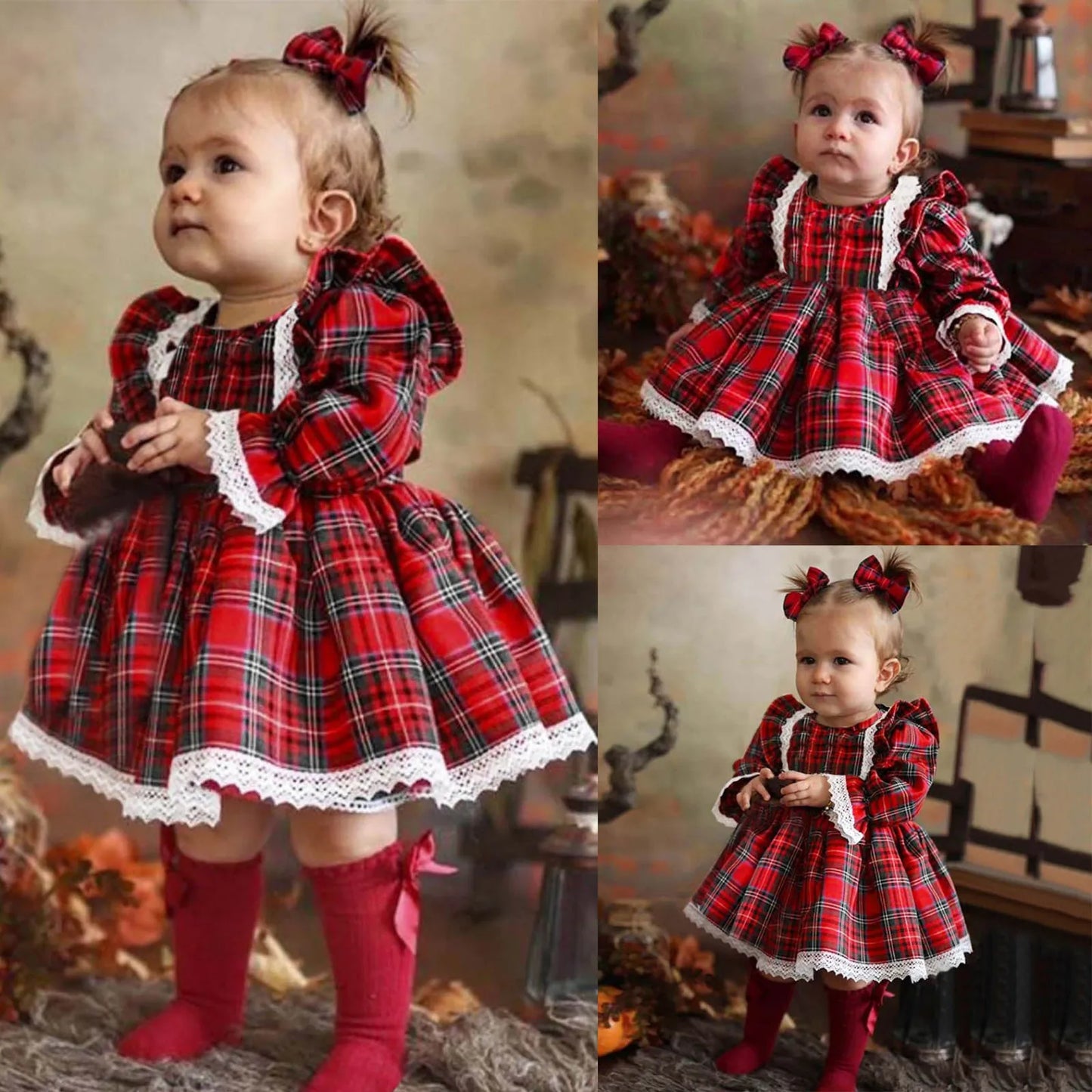 Baby Girl Dress 2025 - Toddler Girls -Christmas Long Sleeved Lace Plaid Printed Patchwork Dress