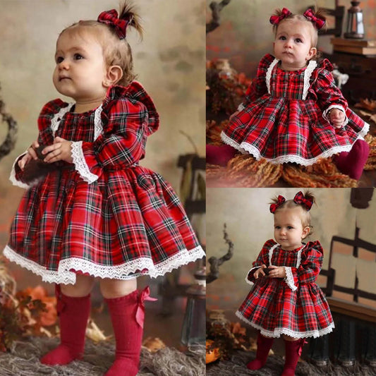 Baby Girl Dress 2025 - Toddler Girls -Christmas Long Sleeved Lace Plaid Printed Patchwork Dress