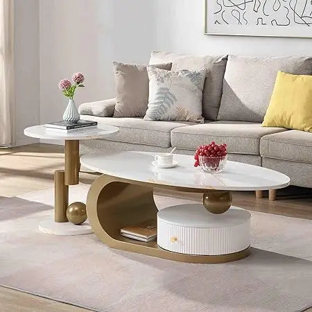 Modern 47.2" Nesting Coffee Table Set of 2, Oval and Round Centre Table Set for Living Room, Faux Marble Coffee Table and Round