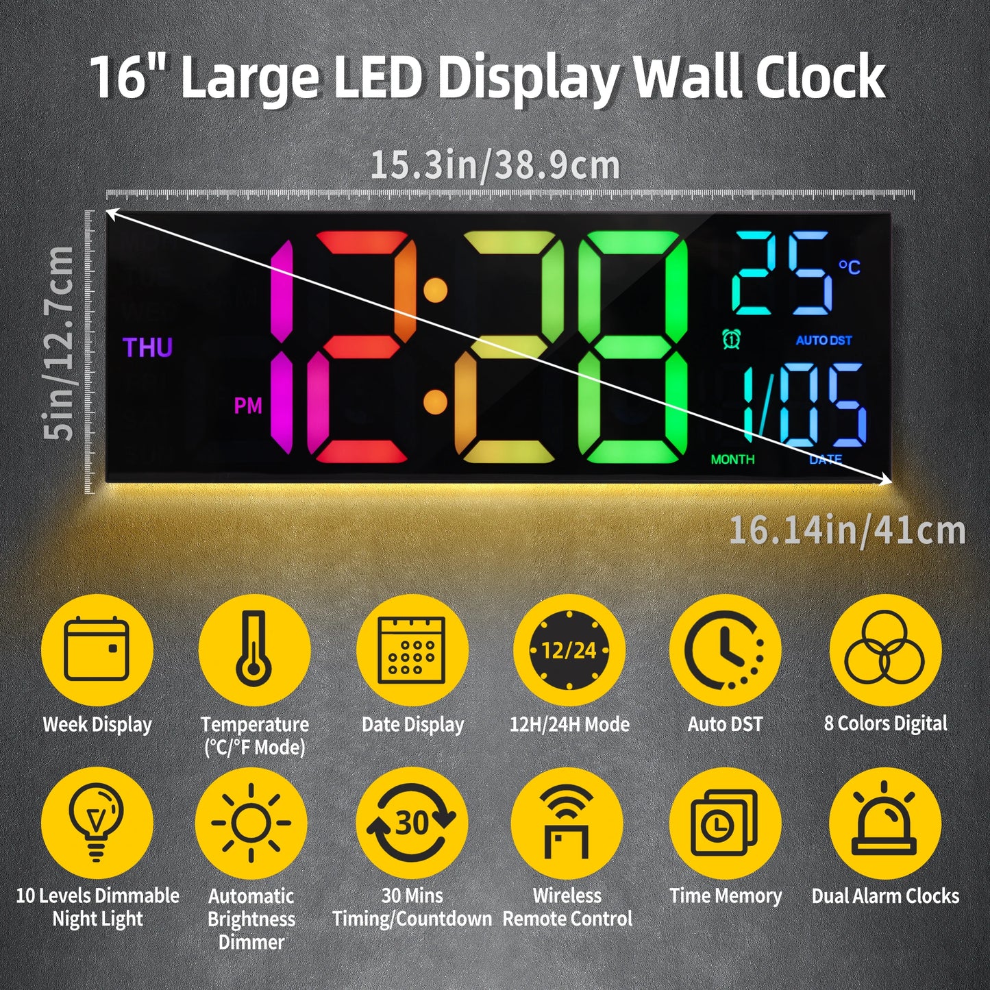 16" Large Digital Wall Clock,-  Big LED Display with Remote, - 8  RGB Color, - Alarm, DST, -Temperature for Living Room, Kitchen