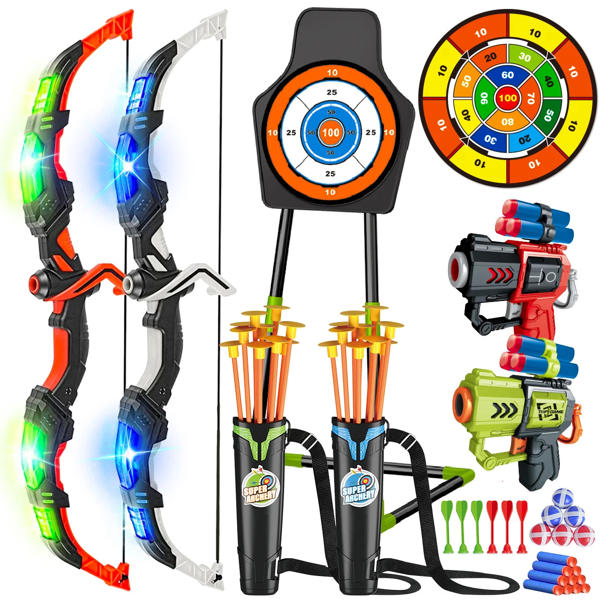 VATOS 2X Bow Arrow + Guns Toy For Kids - LED Light Up Archery with Suction Cup Stand - Target Dart Board Indoor Outdoor Game Toys