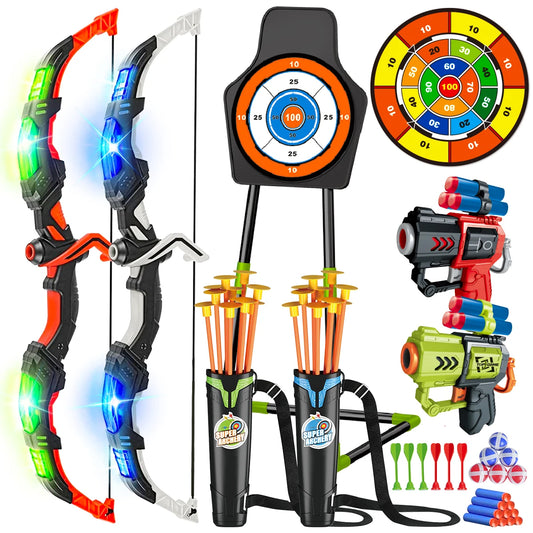 VATOS 2X Bow Arrow + Guns Toy For Kids - LED Light Up Archery with Suction Cup Stand - Target Dart Board Indoor Outdoor Game Toys