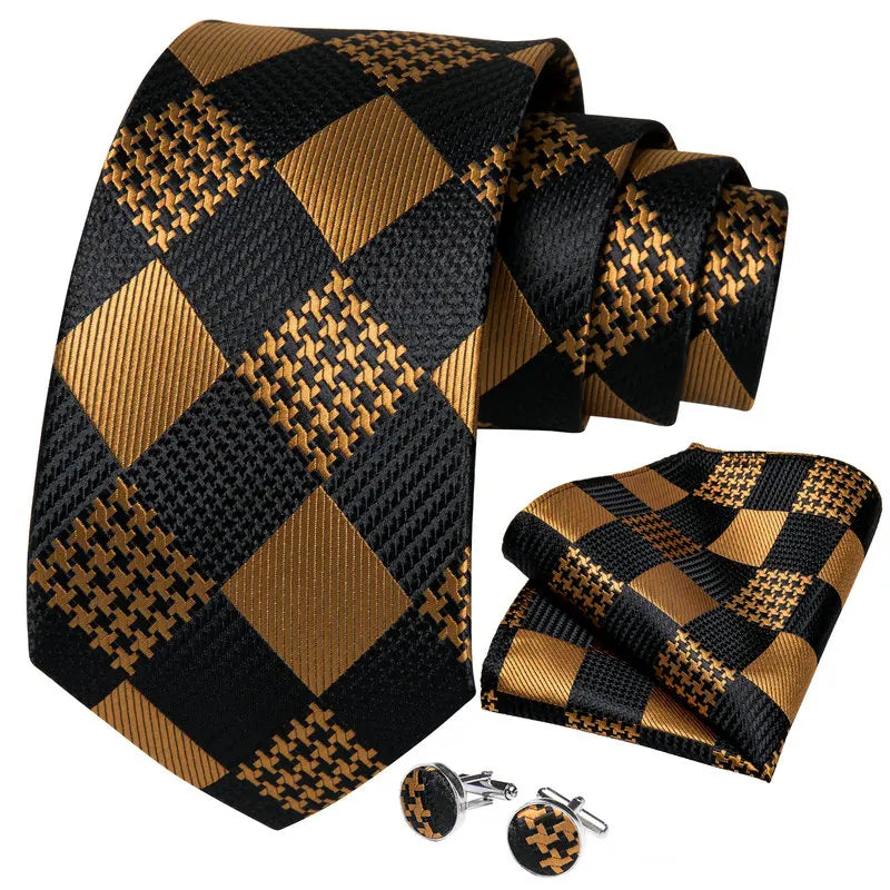 Luxury Mens Tie Black Golden Jacquard Necktie Pocket Square Cufflinks