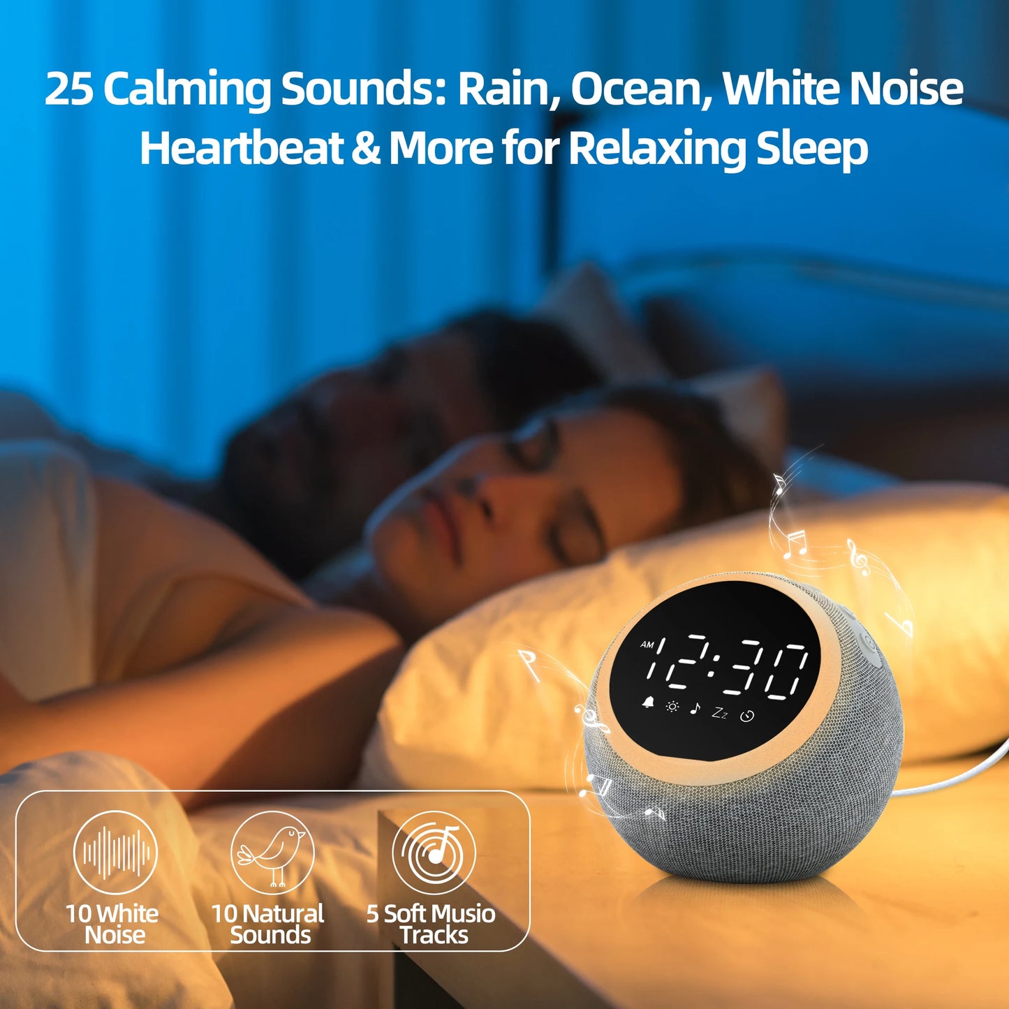 White Noise Sound Machine Alarm Clock with Night Light,-  25 Soothing Sounds, , Dimmable
