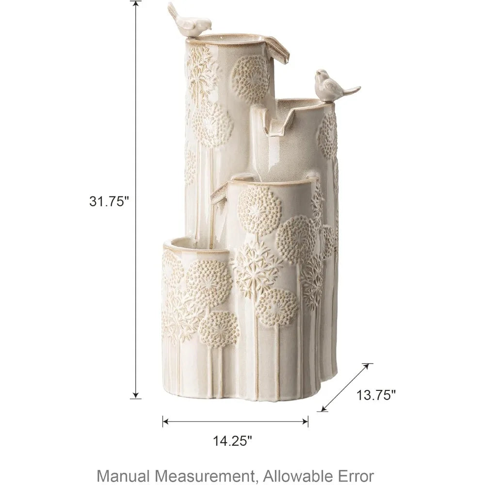 31.75" H Outdoor Water Fountain with LED Lights and Pump,- 4 Tier Dandelion Texture Vase Shaped Ceramic Floor Standing Fountain