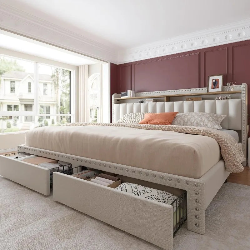 Upholstered King Size Bed Frame with Storage and Headboard
