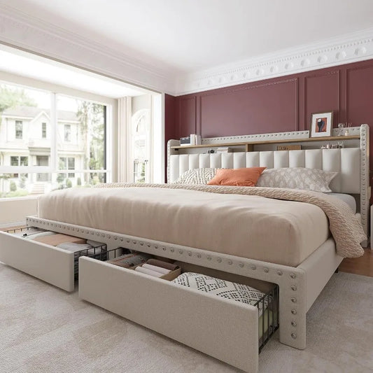Upholstered King Size Bed Frame with Storage and Headboard