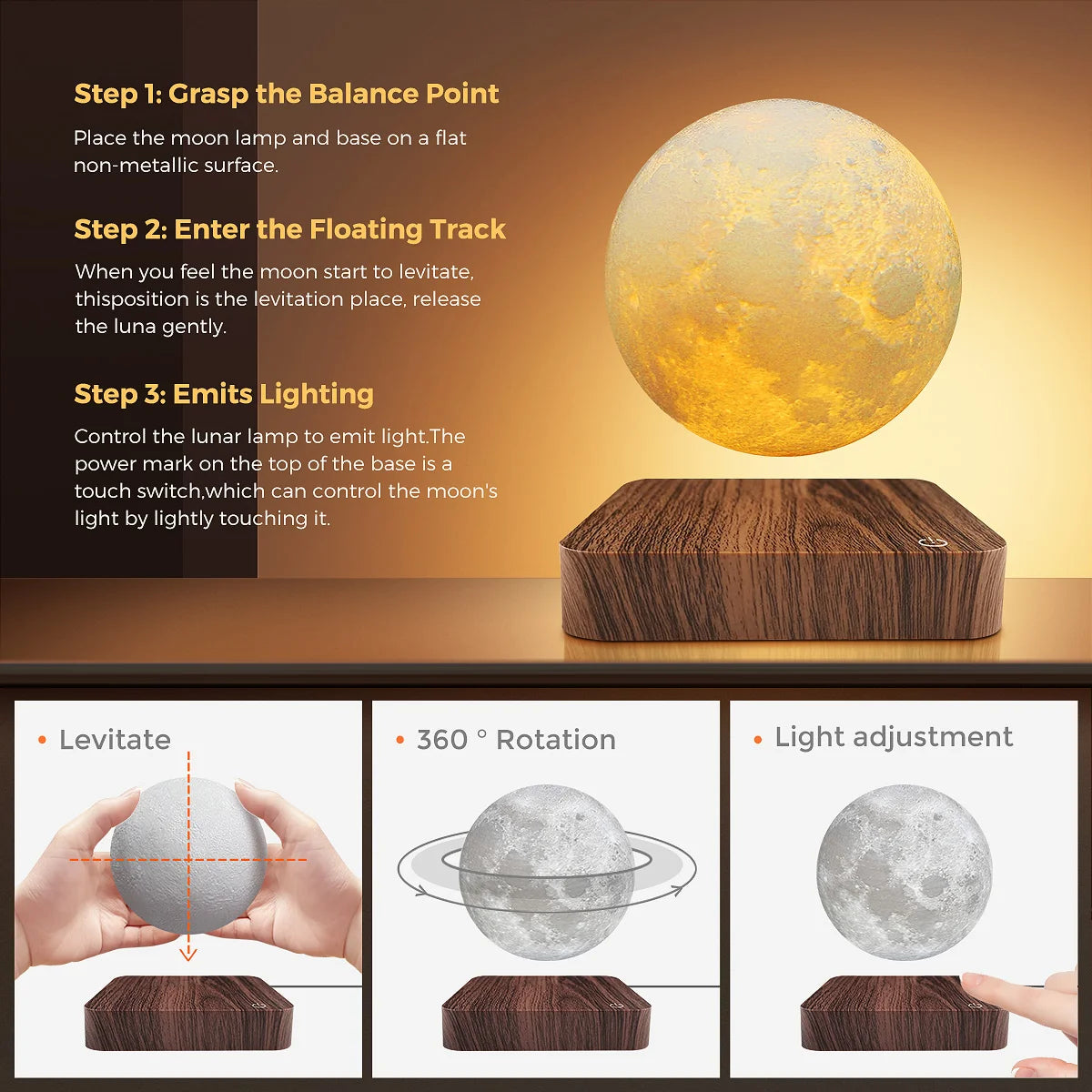 Levitating Moon Table Lamp  -  Magnetic Floating Night Light With 3 Lighting Modes,