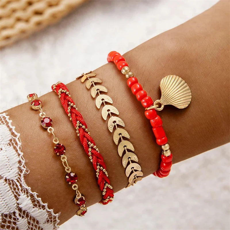 4pcs/set Bohemia Shell Bracelets for Women -  Metal Chain Bangles