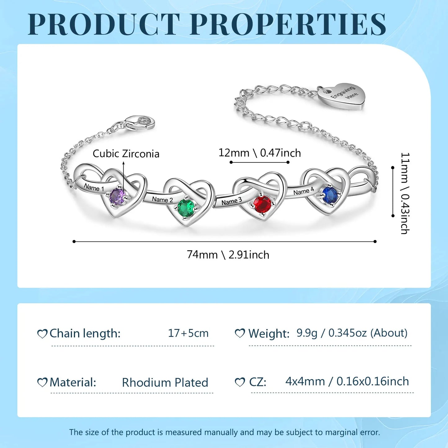 Heart Bracelet with 2-6 Birthstones