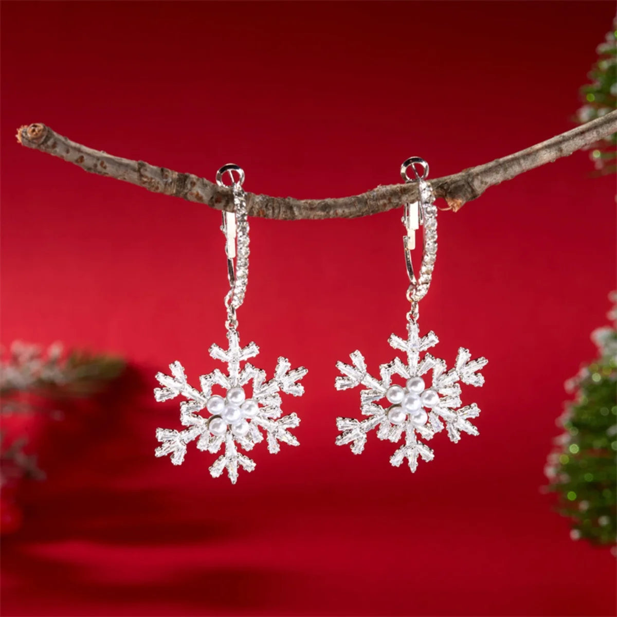 Snow Flower Drop Earrings - Sparkling Zircon Imitation Pearl Snowflake -  Dangle Earring