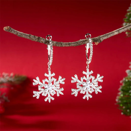 Snow Flower Drop Earrings - Sparkling Zircon Imitation Pearl Snowflake -  Dangle Earring