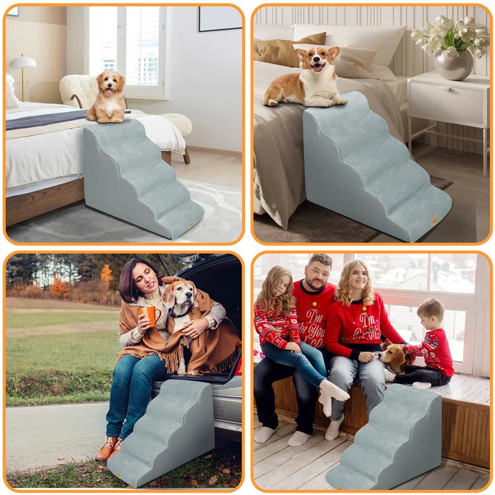 Dog Ramp Step Stairs - 5 Steps - Pet Stairs for High Beds and Sofa - Density Sponge Foam -  Removable Washable Cover