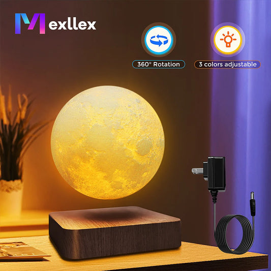 Magnetic Floating Rotating Moon Lamp with Wooden Base, 3 Color Temperature LED Night Lights