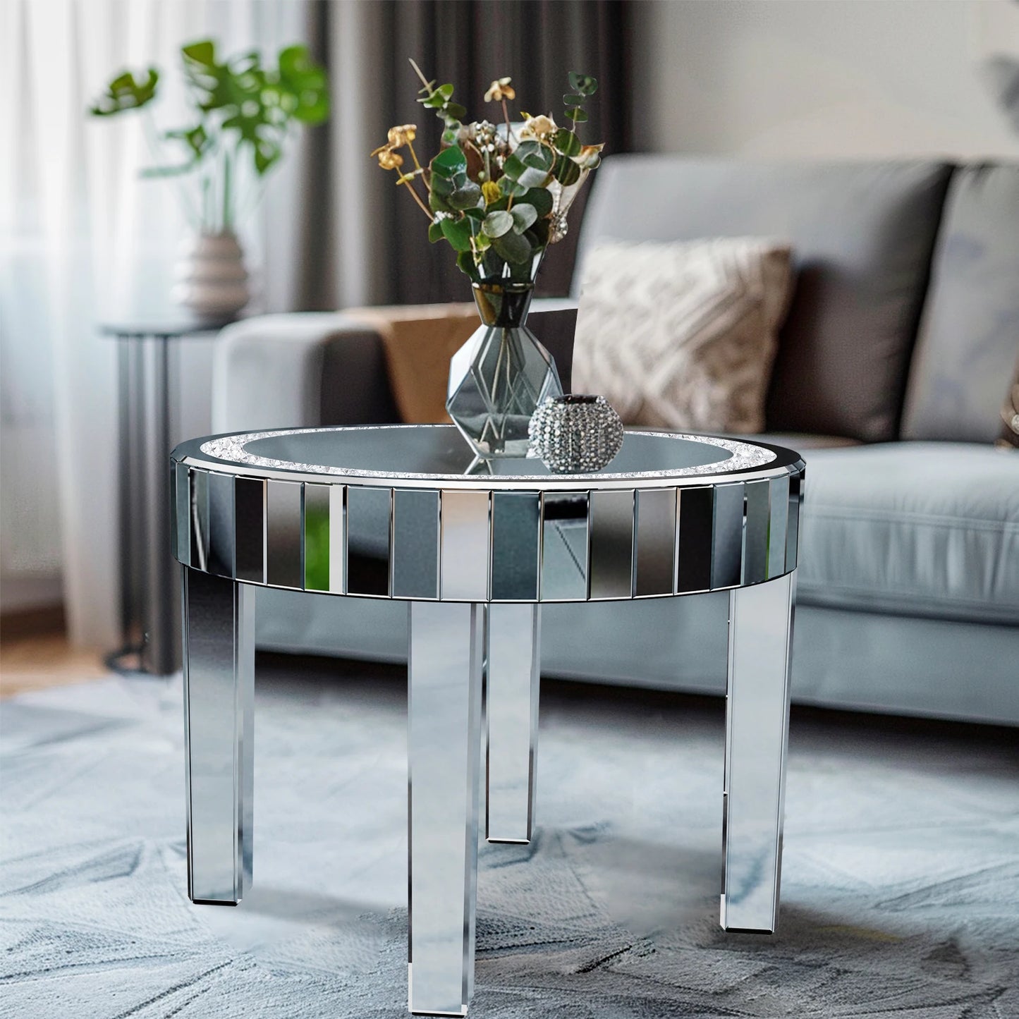 Luxury Modern Round Mirrored Accent Side Table with Crystal Diamonds