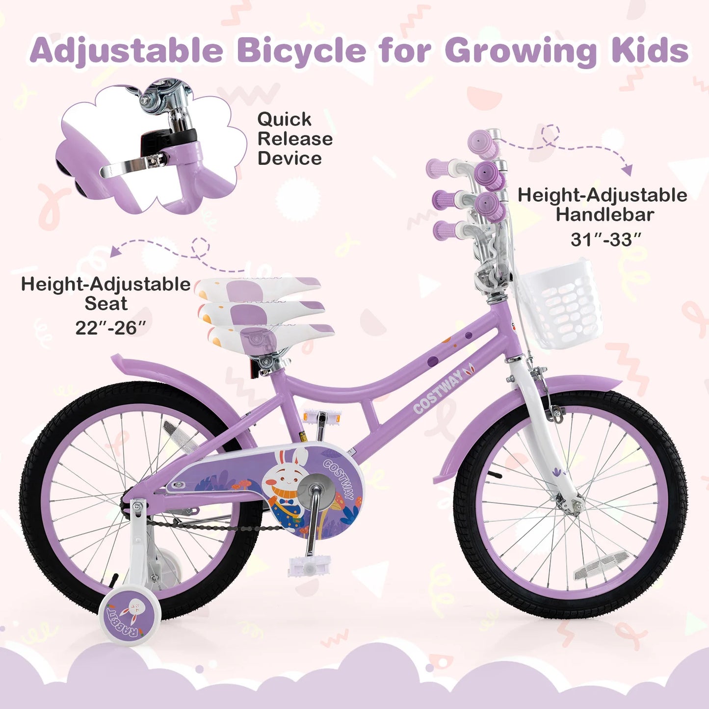 Girl Bike w/Basket Detachable Training Wheels Adjustable Seat Handbrake