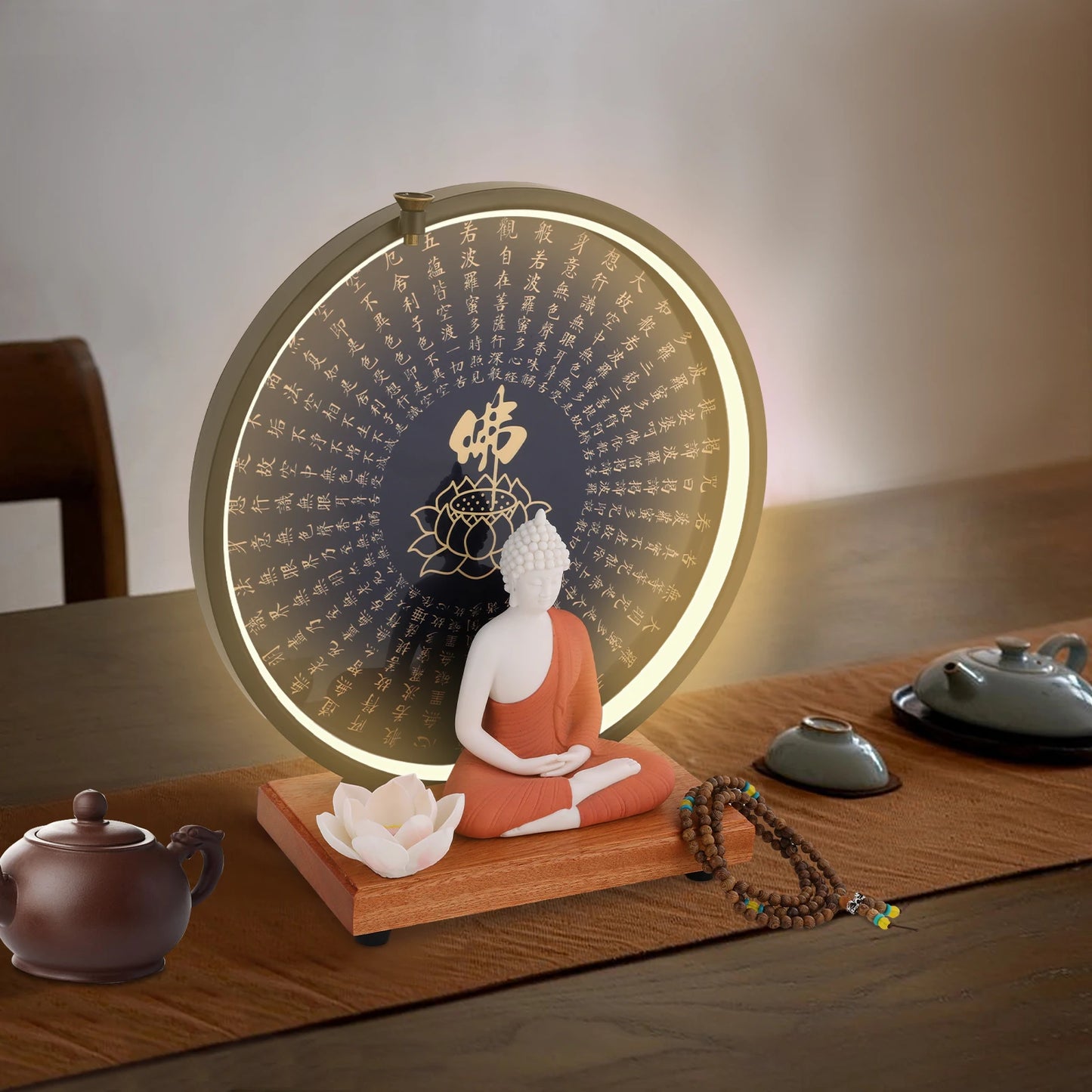 Buddha Statue  Decor White/Red/Yellow/Blue 11.8*4.7*13in with Circle LED Lamp