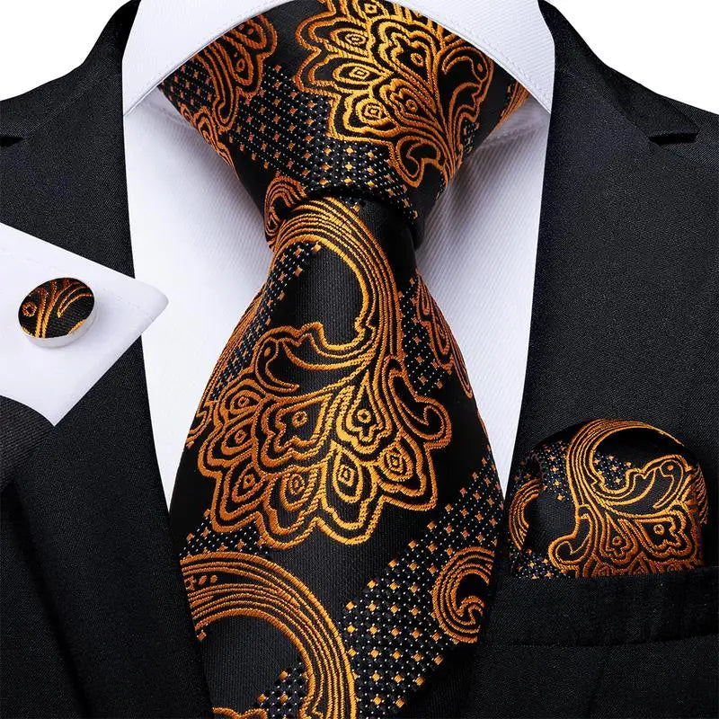 Luxury Mens Tie Black Golden Jacquard Necktie Pocket Square Cufflinks