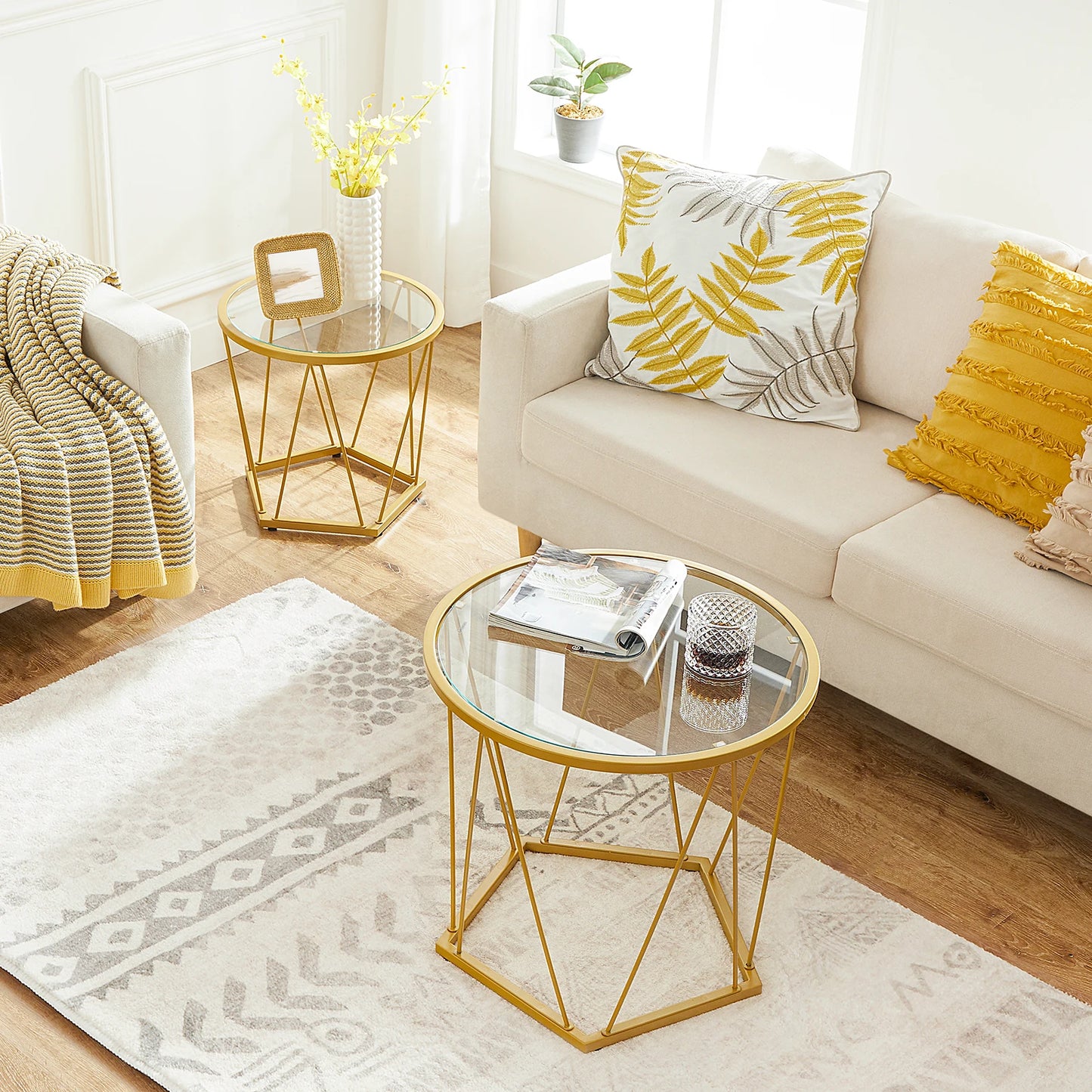 Table Set of 2 Round Coffee Tables with Metal Frame & Glass Top