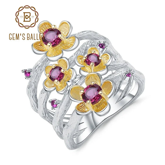 925 Sterling Silver Handmade Ring -  0.96Ct Natural Rhodolite Garnet Plum Blossom Flower Rings