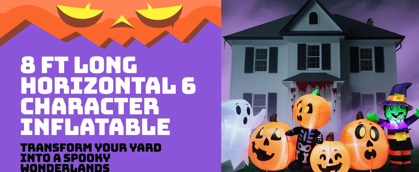 JOYFY 8 ft Long Halloween Inflatable - Three Characters and Pumpkin Patch Outdoor Decoration - Inflatable Witch Ghost Skeleton Yard