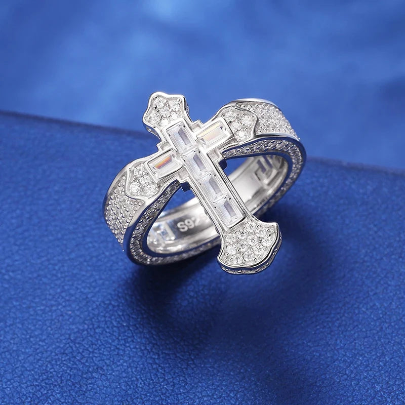 925 Sterling Silver Lucky Clover Cross Ring With Pink Blue Water Drop Stone