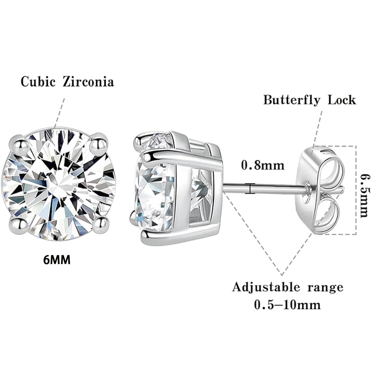 925 silver, moissanite stud earrings,- men's earrings,, set with 6/7/8mm moissanite,