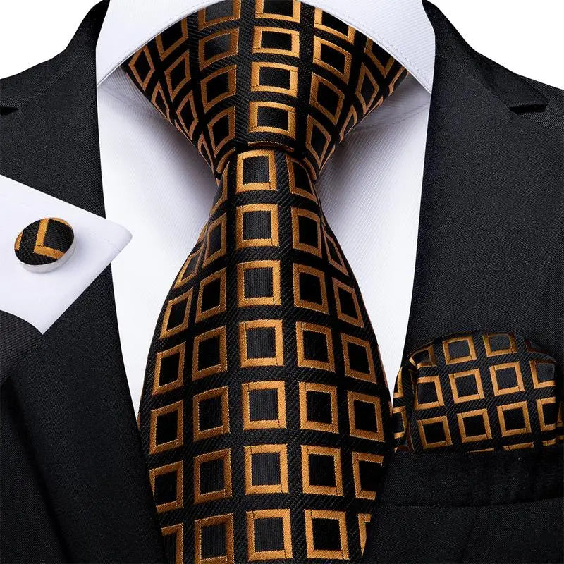 Luxury Mens Tie Black Golden Jacquard Necktie Pocket Square Cufflinks