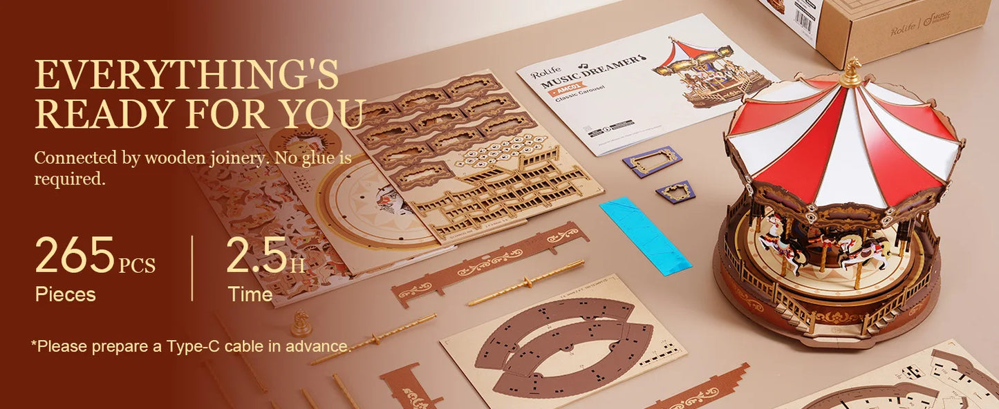 Robotime 3D Wooden Puzzle - Carousel Music Box With LED Lights