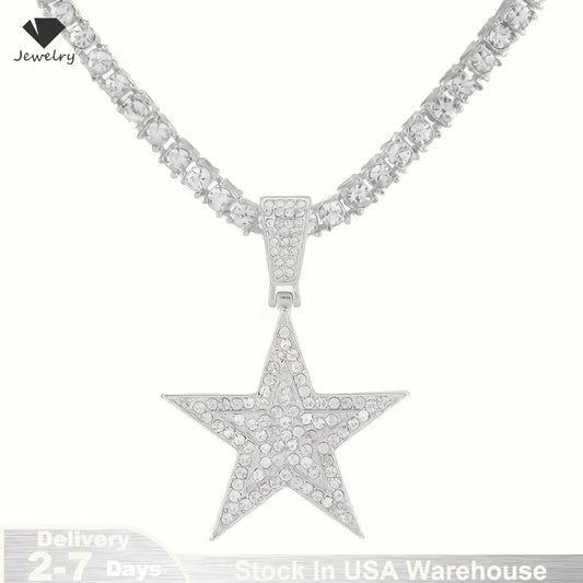 Iced Out Popular Full Rhinestone Star Shape Pendant  - Match with a 20inch Tennis Chain