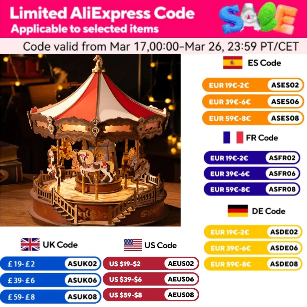 Robotime 3D Wooden Puzzle - Carousel Music Box With LED Lights